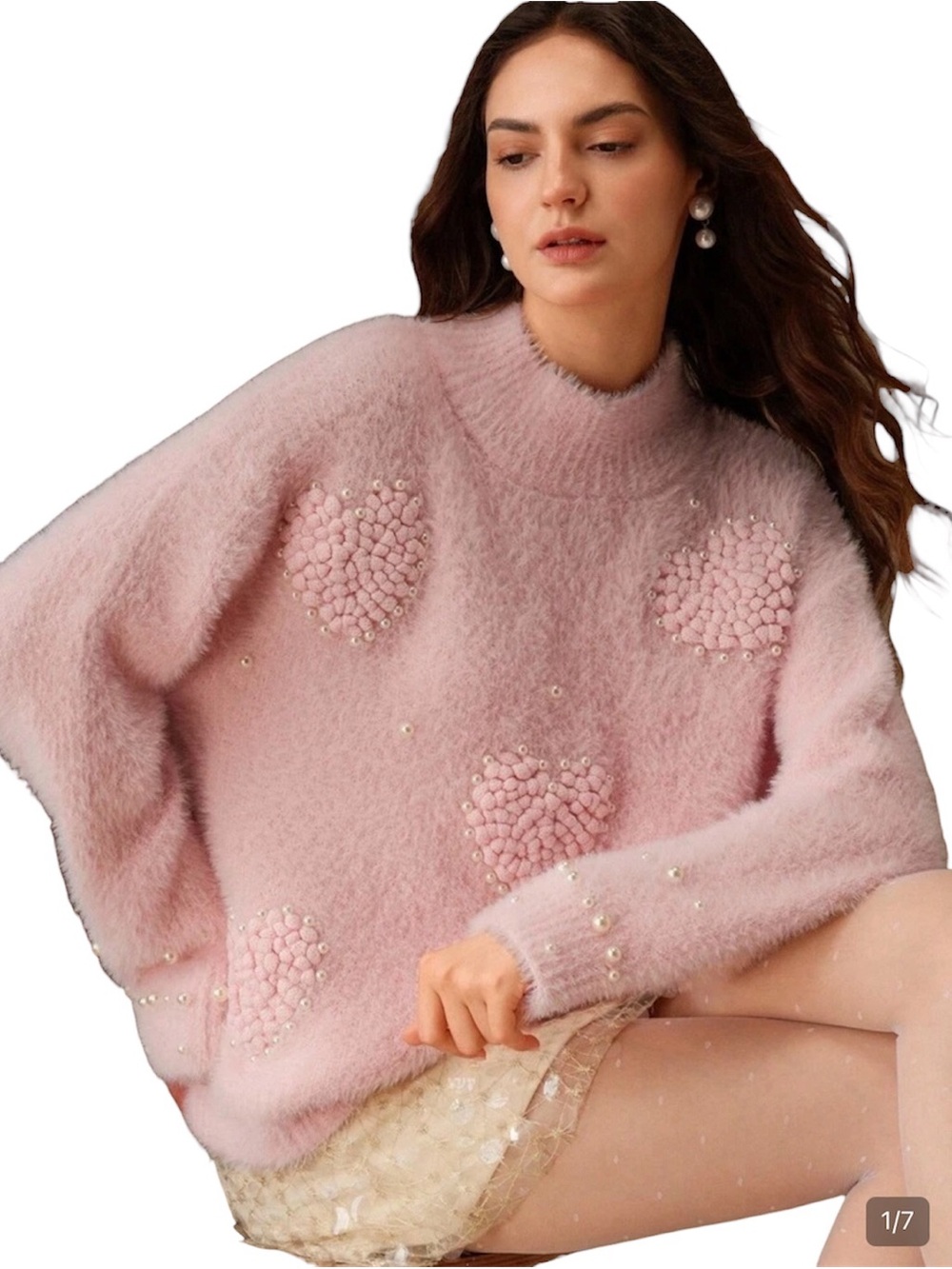 Anewsta Pink Heart Embellished Fuzzy Sweater